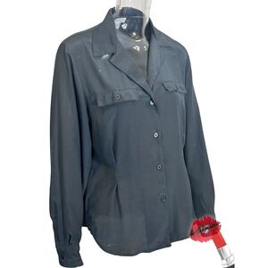 Vintage‎ Christian Dior Shirt Womens 8 Black Chemise Pleated Blouse Button Down